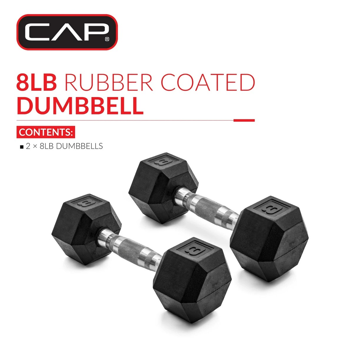 CAP Barbell, 8lb Coated Rubber Hex Dumbbell, Pair