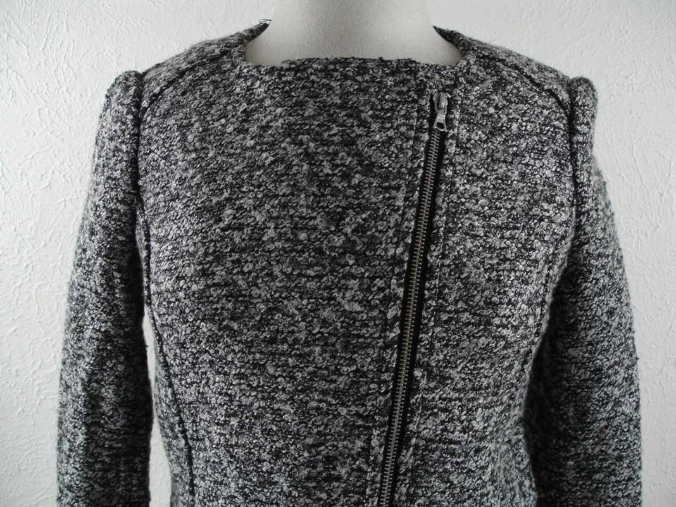 Women's 8 H&M Black Gray Nubby Tweed Suit Jacket Blazer Spot Coat Full-Zip Moto - Image 2 of 4