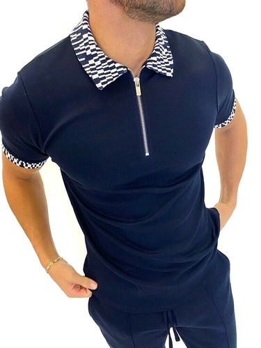 Polo T Shirt Men's Zipper Collar Fashion Golf Long Short Sleeve Two Tone Zip Tee - Picture 10 of 47