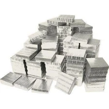 100 Pc Silver Foil Cotton Box Filled #33 Jewelry Boxes Sz 3 1/2L x3 1/2Wx1H