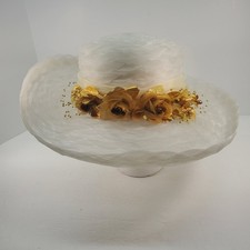Womens Ivory Gold Rose Floral Wide Brim Formal Sunday Church Derby Hat Vintage