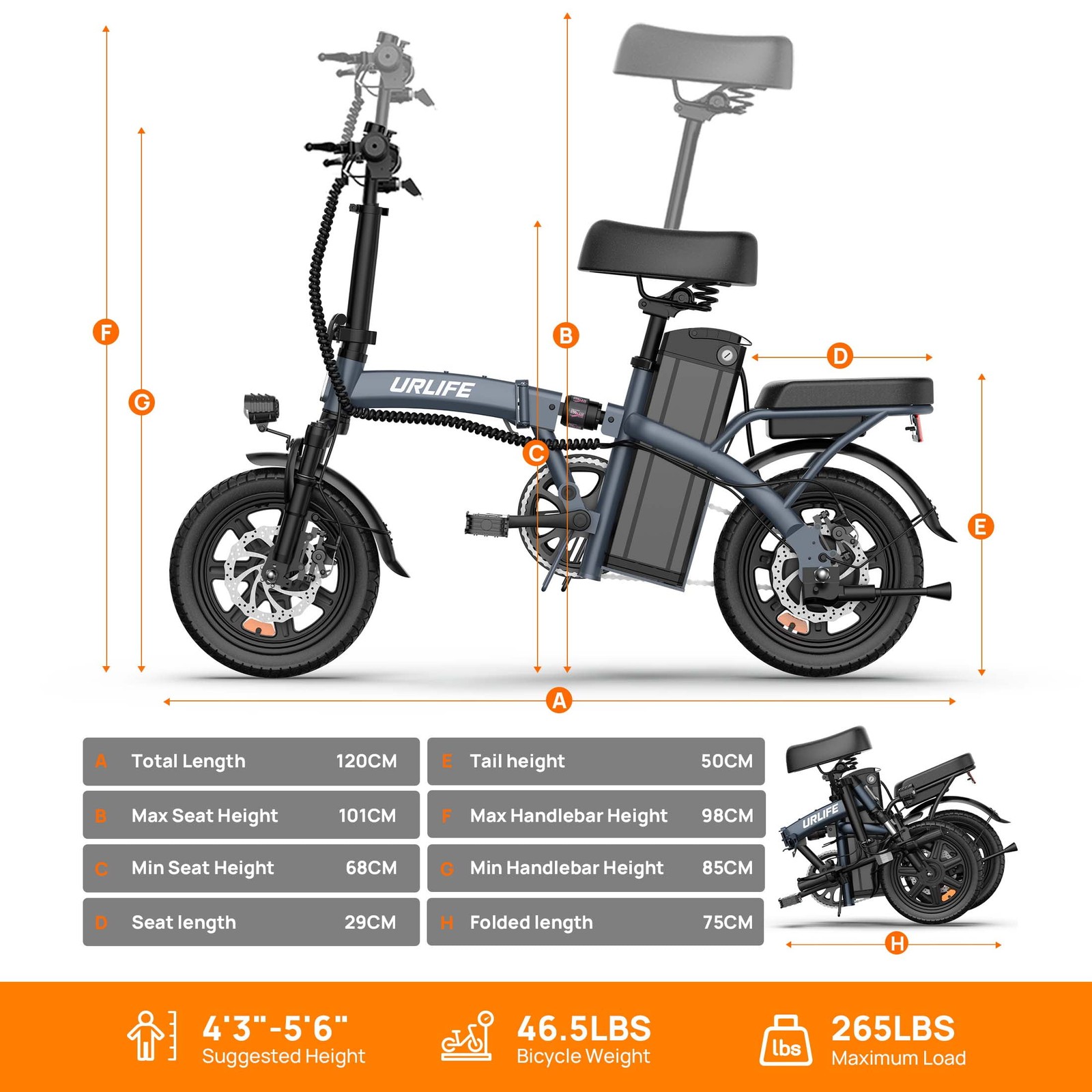 URLIFE 14"Folding Electric Bike for Adults,500W Peak Motor Ebike, 40 Miles Long