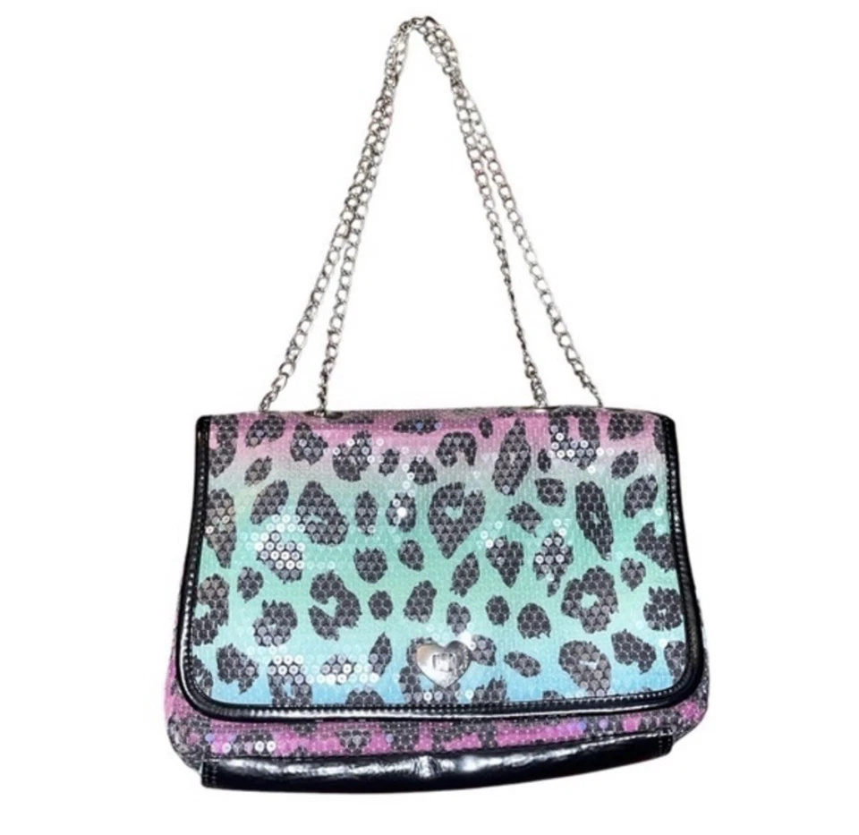 Bolso de Mano Betsey Johnson Multicolor Estampado de Leopardo Lentejuelas Cartera Bolso Cadena Animal Foto 3 de 4