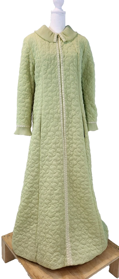Vestido de casa acolchado verde vintage años 60 Vanity Fair acogedor bata encaje tubo 16 Foto 2 de 4