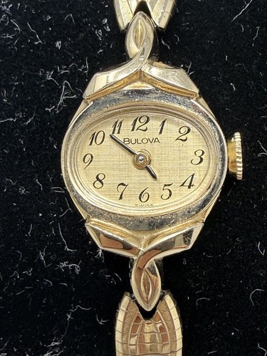 Vtg Bulova Ladies Cocktail Watch 10K RGP Oval Gold Dial Manual Wind RUNS