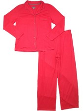 Womens Red Button Up Top Pajamas Knit Notched Collar Sleep Set Large