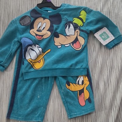 Disney Baby Teal 2 Piece Outfit Set 12M Mickey Mouse Donald Duck Goofy Pluto
