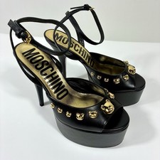 Moschino Teddy Bear Studded Leather Platform Stiletto Sandals Heel Black 37