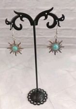 Silver Tone Dangle Faux Turquoise Boho Style Earrings Sun Shaped 0.9" BNWOT