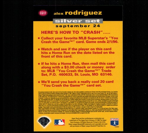Baseball ALEX RODRIGUEZ Upper Deck Crash Silver #CG17 1995 Seattle Mariners - Picture 2 of 2