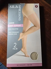 Silk Impressions Light Support Sheer 2 Pair 20 Denier Beige Small