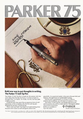 1973 Parker 75 Soft Tip Pen: Put Thoughts In Writing Vintage Print Ad