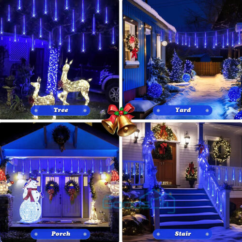 144 LEDs Meteoros Lluvia Luces Solares De Arbol Navidad Decoracion Para Exterior - Picture 3 of 10