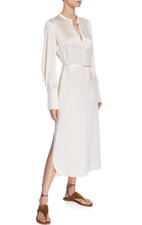 VINCE NWT 495 Ivory Silk Satin Band Collar Belted Midi A Line Shirt Dress Sz 2