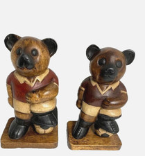 MCM Mid Mod 2 Bookends Hand Carved Wooden Bear w/ Soccer Ball 9.5” Sculpture