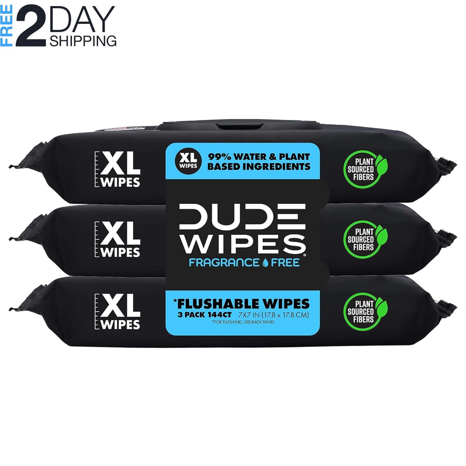 Flushable Wipes 3 Pack, 144 Wipes Unscented ExtraLarge Adult Wet
