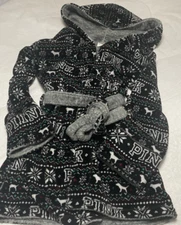 Victorias Secret PINK Black & White Plush Bathrobe Short Hooded Christmas Dog EC