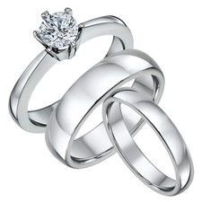 Titanium Solitaire Engagement Ring & His & Hers Court Wedding Bands 4&6mm