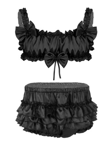 Set Reggiseno Uomo Sissy Frilly Arruffato Senza Ferretto Bralette con Mutandine Set Lingerie - Foto 16 di 48