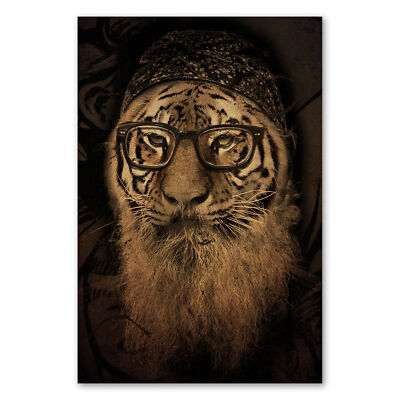 Postereck 2055 Poster Leinwand Vintage Tiger, Brille Tier Mensch Bart Fashion