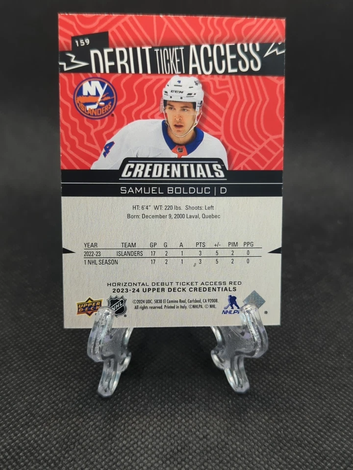 2023 UD Credentials Samuel Bolduc RC Horizontal Red Debut Ticket Access /125 - Image 2 of 2