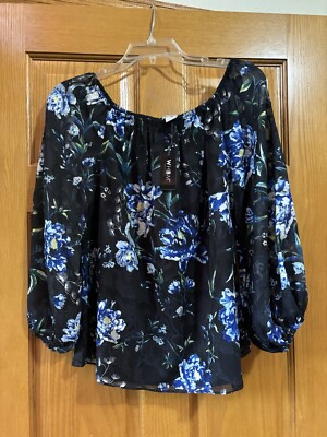 WHBM White House Black Market Top Small Blue Floral Blouse Off Shoulder NWT