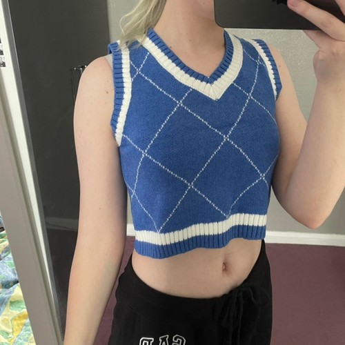 Blue cropped argyle style sweater vest 