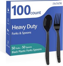 100 Count Black Plastic Silverware Heavy Duty -Forks, Spoons