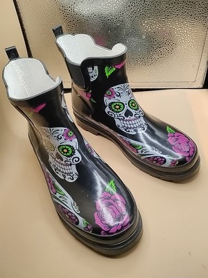 Norty Women's Low Ankle Rain Boots Rubber Snow Garden Shoe Sugar Skull Size 8 