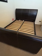 King-Size Faux Leather Sleigh Bed Frame with wooden slats 