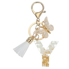 Alphabet Y Tassel Butterfly Initial Letter Keychain Gold Tone/White, Pack of 1