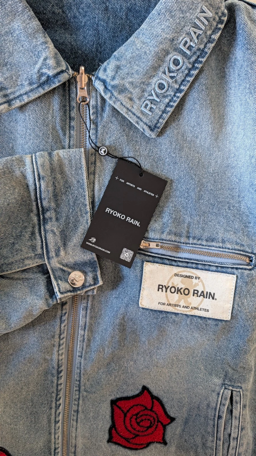 Ryoko Rain Reversible Rose Denim Work Jacket Faded Blue Embroidered Unisex XL - product detail image 4