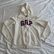 Gap Vintage Y2K Arch Logo Zip Up Hoodie XS Cream Pink Blue Fleece Pre Owned
