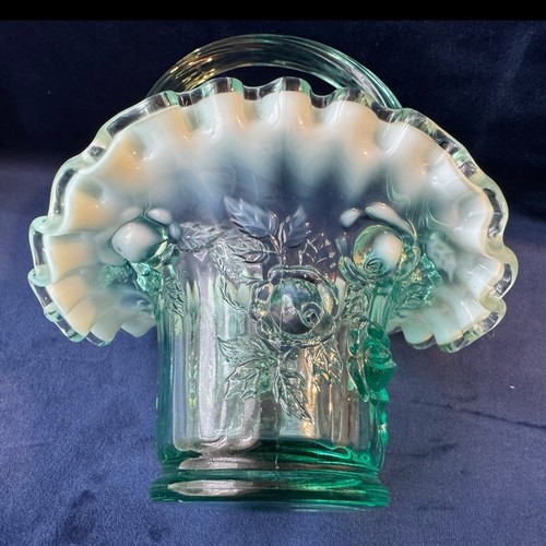 Vintage Fenton Turquoise Cabbage Rose Opalescent Glass Basket Manganese Glow VGC - Picture 11 of 13