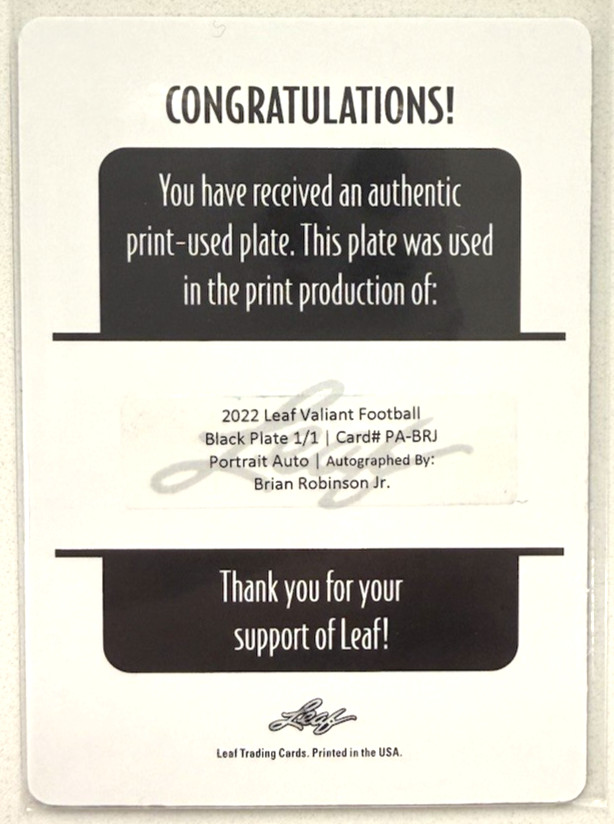 2022 Leaf Valiant Football Portrait Printing Plate Auto 1/1 Brian Robinson Jr. view 2