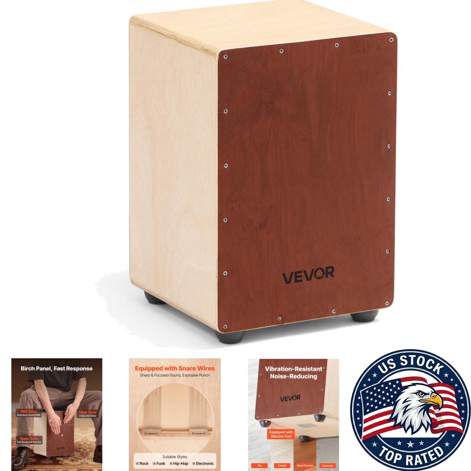 Cajon Box Drum with Adjustable Snare Wires - Birch Wood, Compact & Lightweight