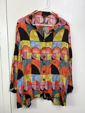 John Mark Top Womens 1X Button Up Artsy Colorful Maximalist Abstract Tunic