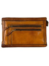 Mid-Century Vintage Leather Clutch Travel Bag with Snap Down Wrist Strap- Cognac