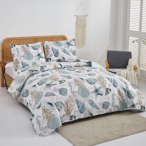3 Pieces Beach Shell Bedspread Twin Size Ocean Theme Seashell Conch Summer - Picture 6 of 7