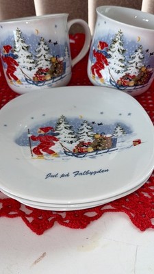 Swedish Rorstrand Diamant, 2 Xmas Mugs, 1 Cup Capacity & 3 Plates, 6x6 
