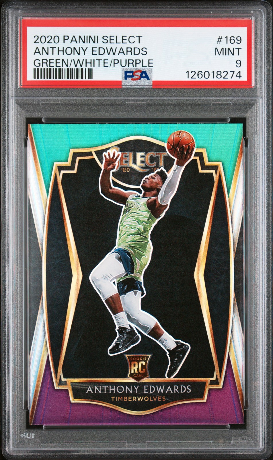 Anthony Edwards 2020 Panini Select #169 Green/White/Purple Prizm Rookie PSA 9 RC