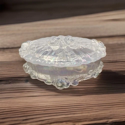 Fenton Cabbage Rose Trinket Box Oval Clear Iridescent Opalescent Carnival Glass