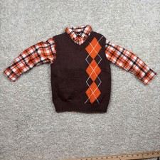 Gymboree Boys Plaid Shirt Sweater Vest Argyle Outfit Set Orange Brown XS 3-4