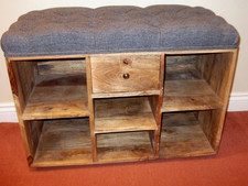 Solid wood hall cupboard shelves upholstered top narrow 80 L x 36 D x 56 H cm