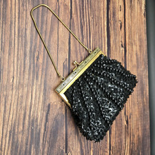 Delill Beaded Evening Bag Purse Black Gold Vintage MISSING BEADS