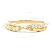 Pinched Double Row Diamond Band Ring Solid 14K Yellow Gold Fine Stackable Ring