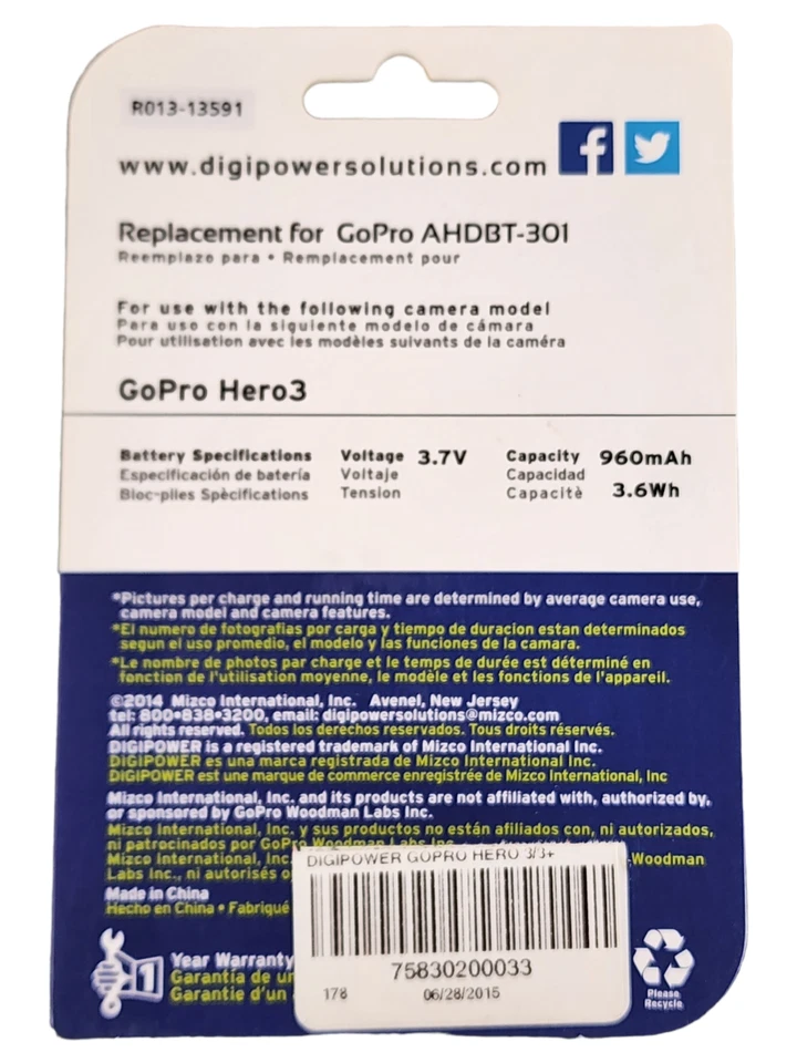 NEW Digipower RO13-13591 Replacement Rechargeable Battery for GoPro Hero3+ - Image 2 of 2