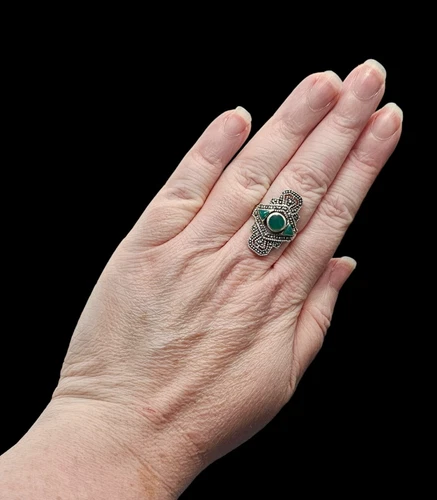 Vintage Art Deco Style Green Onyx Geometric Marcasite 925 Silver Ring Sz 8.5