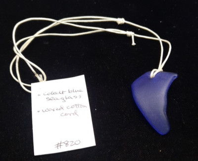 Handcrafted Artisan Pendant Necklace Beach Sea Glass Royal Blue on Wax cord
