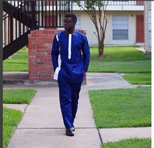 Blue  White Men's Long-sleeve Shirt and Pants African Kaftan Clothing Mens Wear